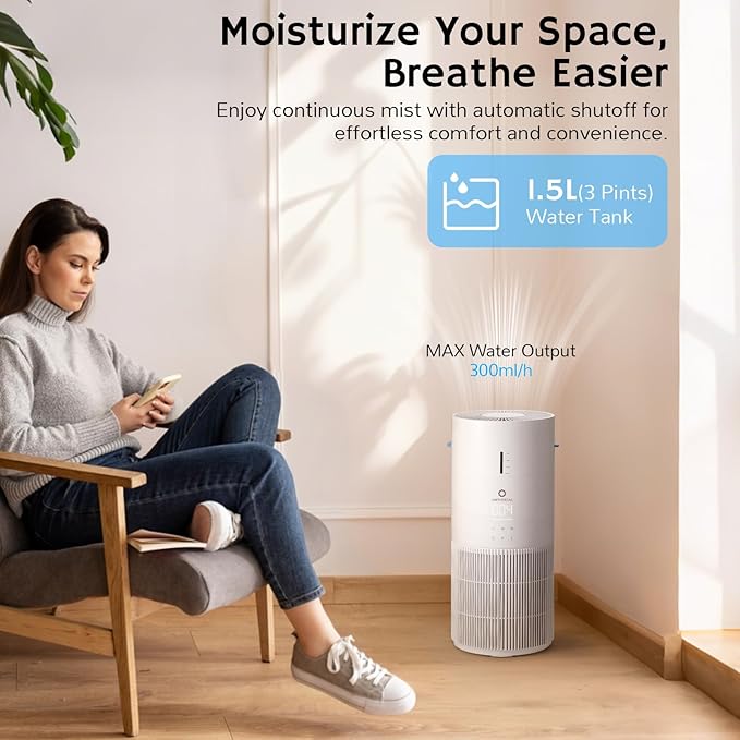 Airthereal 2-in-1 Air Purifier + Humidifier Combo for Large Room up to 1325 ft², 3-Stage Filters, Air Quality Monitor and Quiet Sleep Mode, Evaporative Humidifier with Auto Humidity Monitor, AEH300