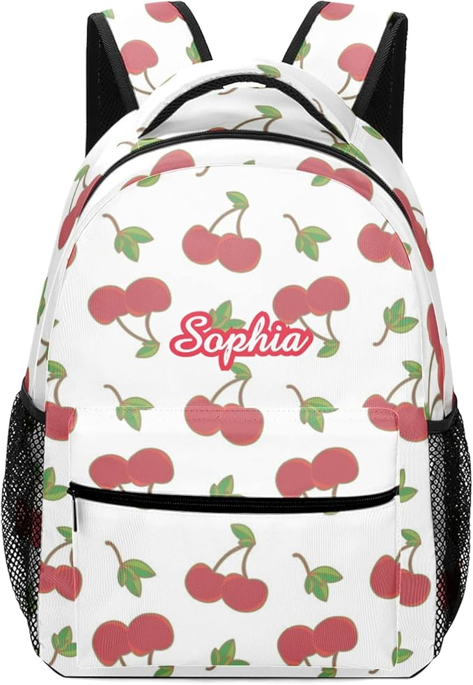 Cherry Pattern Custom Kids Backpack 16.5 Inch for Boy Girl, Personalized Waterproof Child School Travel Bag with Name