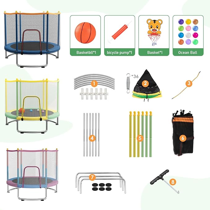 Kids Trampoline with Safety Net – 440lbs Capacity, Upgraded Rust-Proof Ring Legs, Adjustable Gymnastics Bar & Toys – Indoor Outdoor Toddler Trampoline for Boys & Girls Ages 1-8