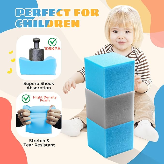 Foam Pit Cubes, 24 PCS 5 Inches Gymnastics Foam Blocks Trampoline Blocks, Multi-Sport Protective Padding for Gymnastics, Trampoline, Parkour, Skate Parks & BMX - Grey & Blue