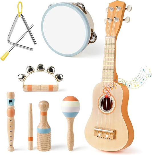 Kids Guitar Set - 7 in 1 Musical Instruments for Toddlers 2-4, Wooden Musical Toys for 2 3 4 Year Old Boy & Girls Birthday Gifts, Band Sets with Ukulele/Flute/Tambourine/Maracas Toys for Kids 3-5