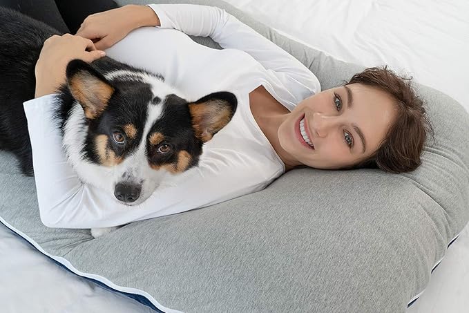 Meiz Pregnancy Pillow, Cooling Pregnancy Pillows for Sleeping, Full Body Pregnancy Pillow with Reversible Cooling Jersey Cover & Velvet Cover, Blue & Grey