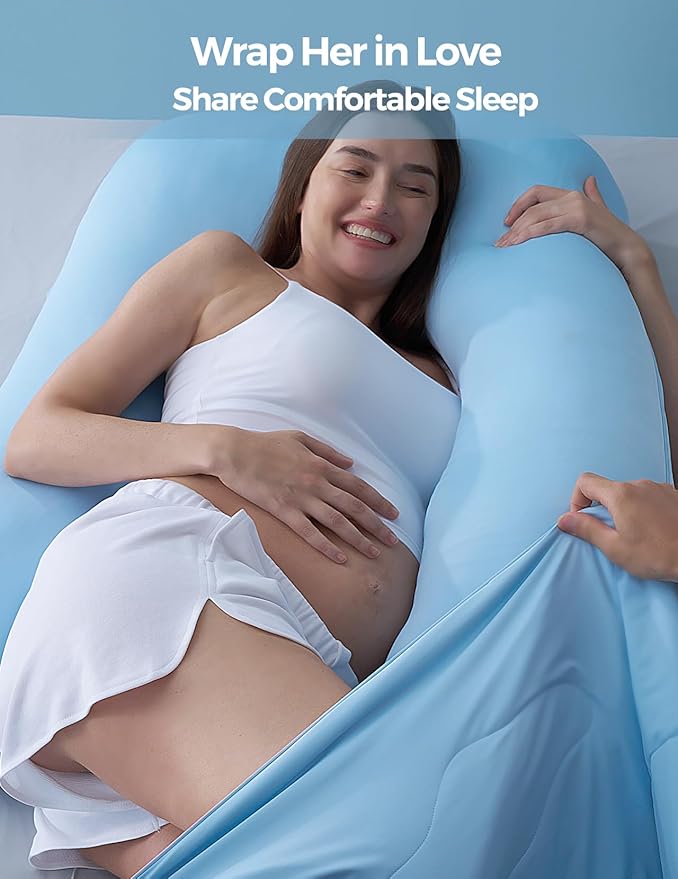 Momcozy Pregnancy Pillow with Cooling Cover, Dreamlign U Pro Maternity Pillow with Adjustable Leg Pillow - Support for Back, HIPS, Belly, Legs for Pregnant Women, 50-72 Inch, Bule