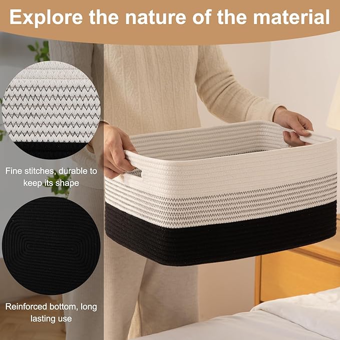 Large Storage Basket for Organizing, Woven Rope Basket for Shelves, Closet Organizer Bins for Clothes, Blanket, Toys, Baby Nursery Storage, 17.7" x 13" x 7.87", 2 Packs Gradient Black