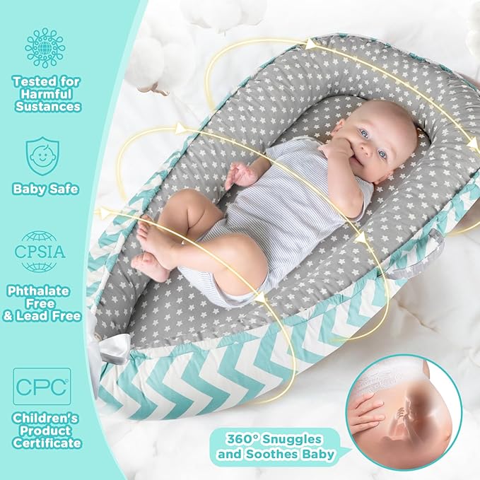 Baby Lounger - Baby Lounger for Newborn 0-24 Months, Breathable and Soft Cotton Cover Baby Nest, Portable Cozy Tummy Time Lounger for Home and Travel, Ideal Baby Essentials & Shower Gifts