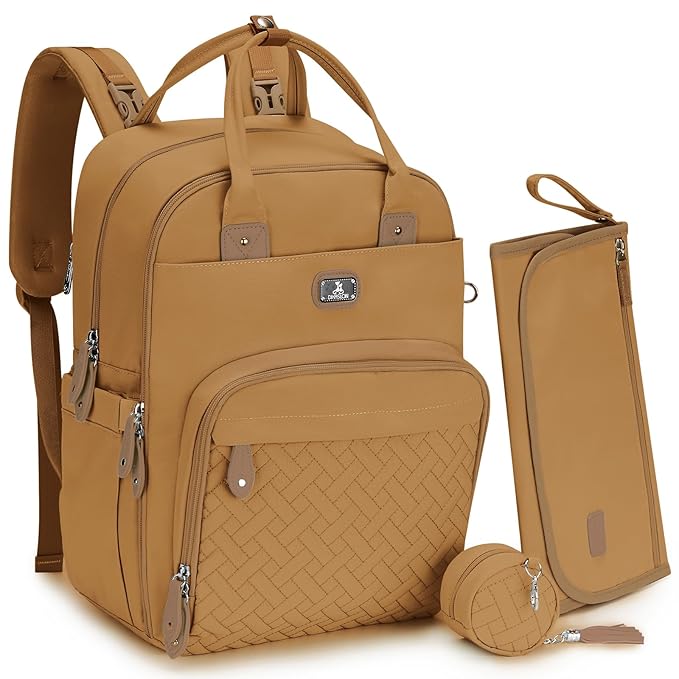 Dikaslon Diaper Bag Backpack with Portable Changing Pad, Pacifier Case and Stroller Straps, Large Unisex Baby Bags for Boys Girls, Multipurpose Travel Back Pack for Moms Dads, Tan
