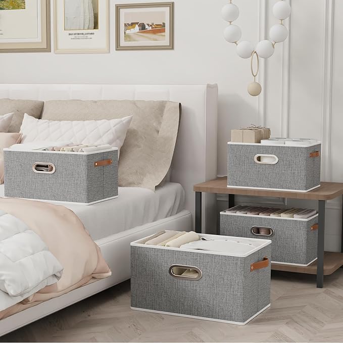 Yawinhe Fabric Storage Bins with Handles, Foldable Baskets for Shelves, Cubes with 3 Handles, Large Boxes for Clothes, Grey, 16.9''Lx11.8''Wx10.2''H, 6-Pack