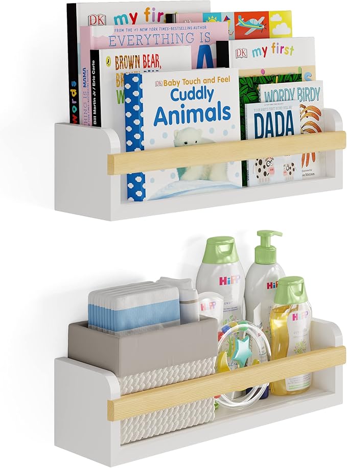 Wallniture Florida 24 inch Wall Bookshelf for Kids Room, Floating Shelves Nursery Decor, Wood White Wall Shelf Set of 2 Kitchen, Bathroom Decor (16'')