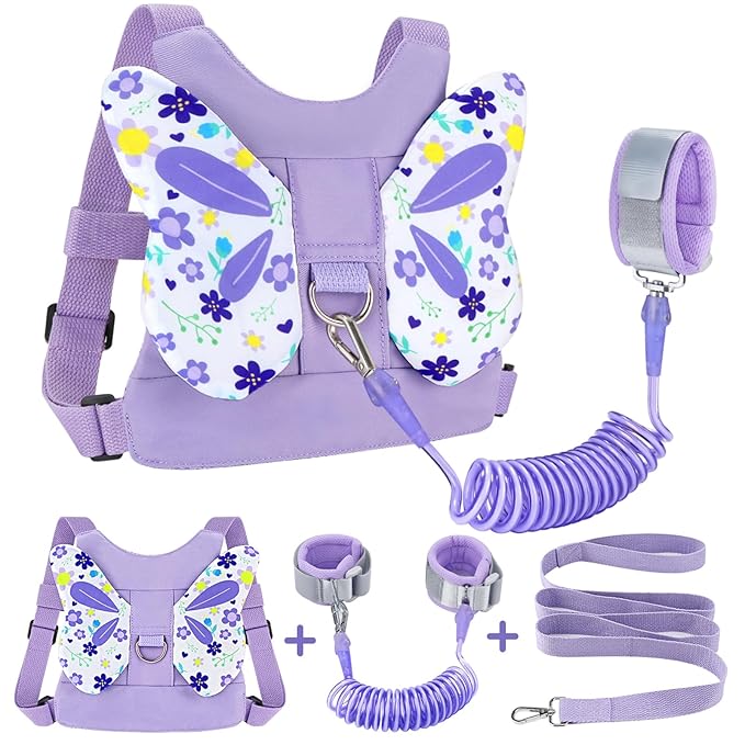 Accmor Toddler Harness Leash, Cute Butterfly Kids Leash + Anti Lost Wrist Link for Outdoor Travel, Mini Child Walking Harness Wristband Assistant Strap Belt for Baby Girls (Purple)