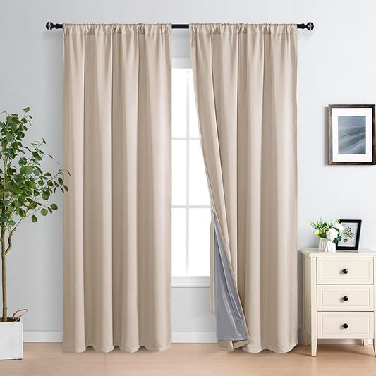XWZO 100% Blackout Curtain Panels Rod Pocket Thermal Insulated Black Liner, Noise Reducing and Heat Blocking Drapes for Bedroom Windows with Tiebacks, Biscotti Beige, W60 x L84, Set of 2 Panels
