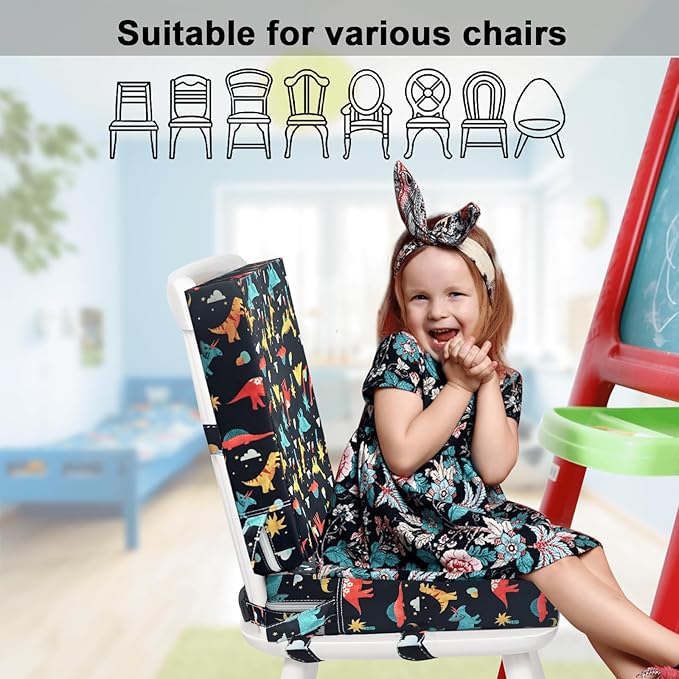 Toddler Booster Seat for Dining Table, Kids Booster Seat for Kitchen Chair with Backrest and Adjustable Straps, Non-Slip Portable PU Waterproof Travel Camping Eating Baby Booster Increasing Cushion