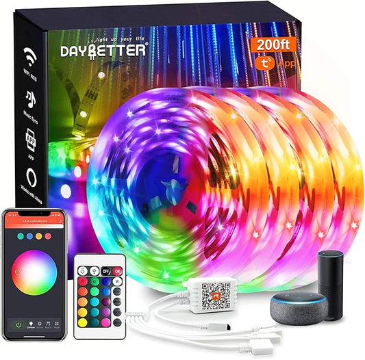 DAYBETTER Smart WiFi Led Lights, Tuya App Controlled, Compatible with Alexa and Google Assistant, Timer Schedule, RGB Strip Color Changing Décor for Bedroom Party Kitchen, 200ft