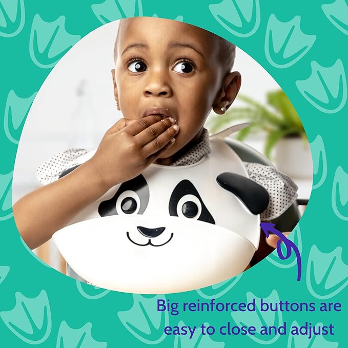 Silly Goose Silicone Animal Baby Bibs for Babies and Toddlers, Waterproof, Adjustable, Soft, Extra Wide Food Catcher Pocket (Baby Panda)