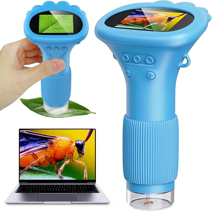 Kids Microscope, Pocket Portable Microscope with 2'' Inch Screen - Powerful Magnification Mini Microscopes Magnifying Glass with Lights, Ideal Christmas Birthday Gifts for Age 3-12 Boys - Blue