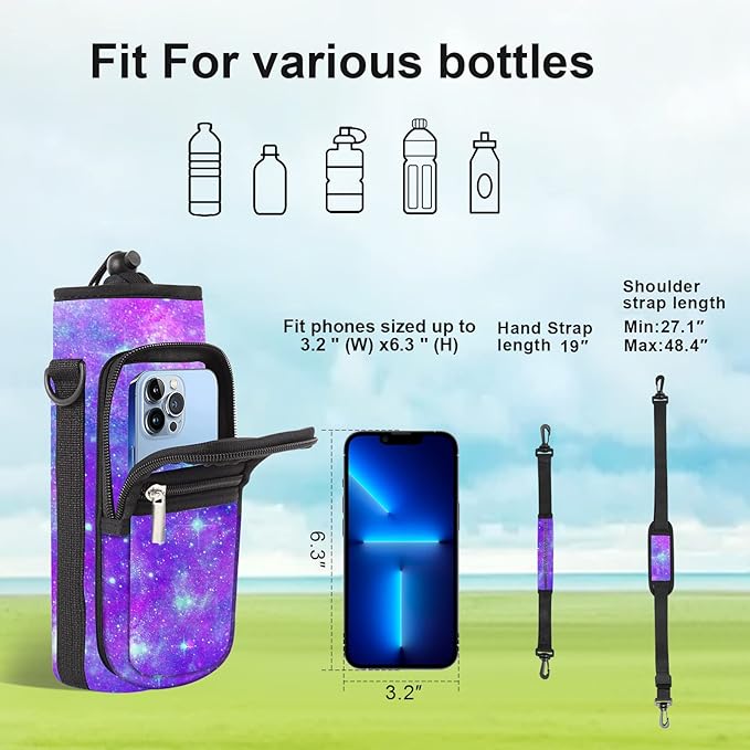 25/32/40/64oz Water Bottle Bag Holder Carrier-Insulated Crossbody Sling Case Sleeve with Strap & Pockets for Men Women Gym Cycling Travel Walking Hiking Camping