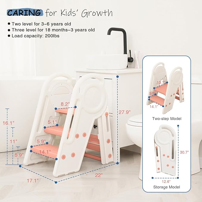 Pink 3 Step Stool for Toddlers Girls, Foldable 2 Step Stool for Kids Bathroom Sink Toilet Potty, Collapsible Heavy Duty Child Learning Kitchen Tower with Rails for Counter Bed Bedroom