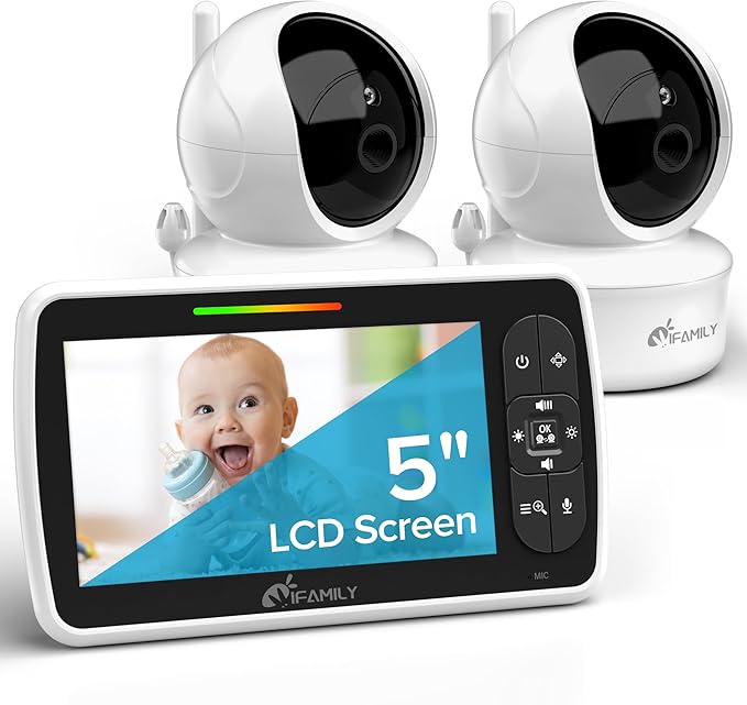 iFamily Baby Monitor with 2 Cameras | Remote Pan-Tilt-Zoom Video Baby Monitor with Camera and Audio, 5” Large Display, Night Vision, Temperature Display, Lullaby, 2 Way Audio & 960ft Range