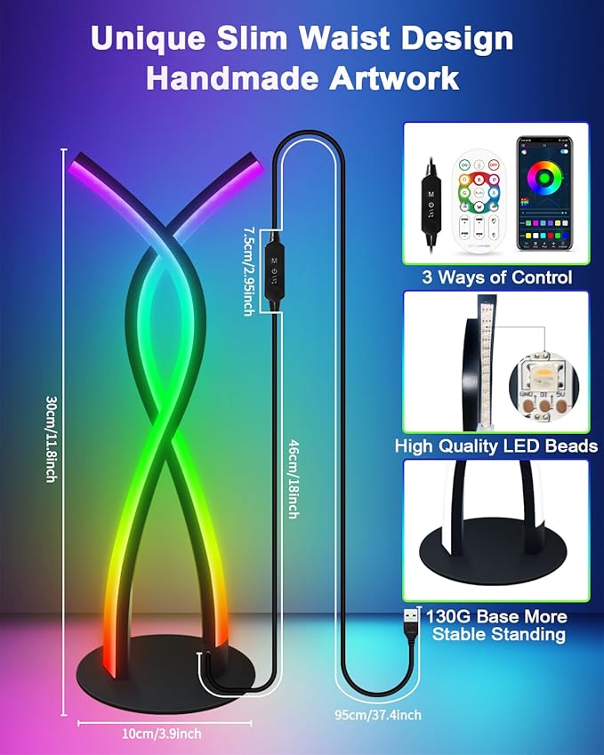 Daymeet LED Table Lamp, Modern Bedside Light Desk Nightstand Lamp RGBICW Color Changing Dimmable with Remote Music Sync Smart Bluetooth APP Control Night Light 5V USB Unique Desk Lamp for Bedroom Home