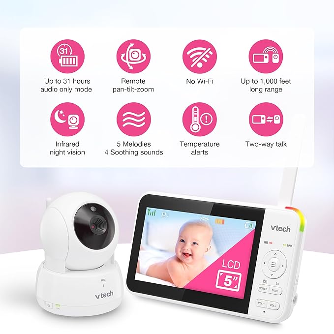 VTech VM924 Remote Pan-Tilt-Zoom Video Baby Monitor, 5" LCD Screen, Up to 17 Hrs Video Streaming, Night Vision, Up to 1000ft Range, Soothing Sounds, 2-Way Talk, Temperature Sensor,Secured Transmission