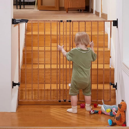 Babelio 34" Extra Tall Baby/Dog Gate with No Threshold Design Walk Thru Door, 26-43" Auto Close Safety Gate for Babies, Elders and Pets, Fits Doorways, Stairs, and Entryways, Brown Wood Pattern