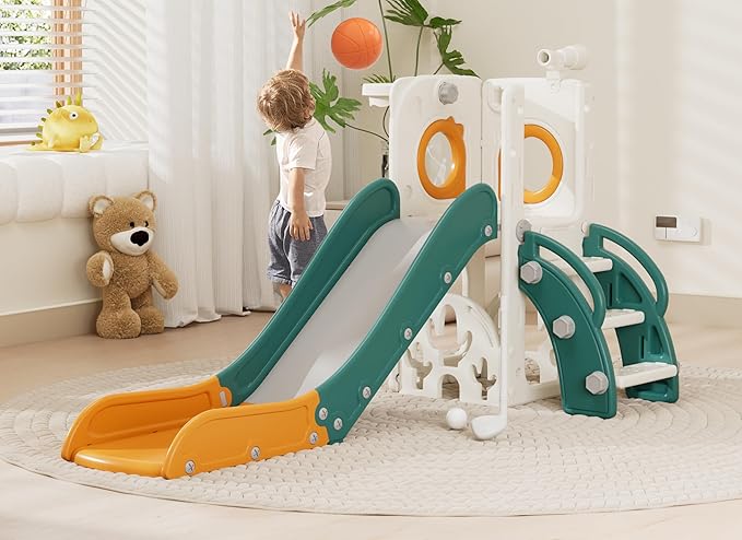 KORIMEFA 7 in 1 Toddler Slide, Kids Slide for Toddlers Baby 1-3 Years Old, Indoor and Outdoor with Basketball Hoop & Golf Set, Plastic Slides for Kids Easy Assembly, Green