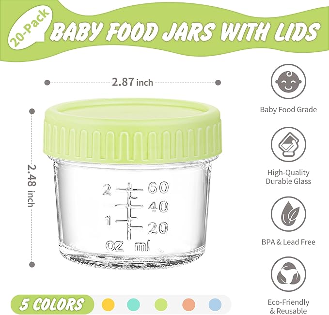 DRKIO 20 Pack Glass Baby Food Storage Containers 4 Oz Baby Food Jars with Lids Baby Food Maker Microwave Dishwasher Freezer Safe 100% Leak-Proof BPA Free