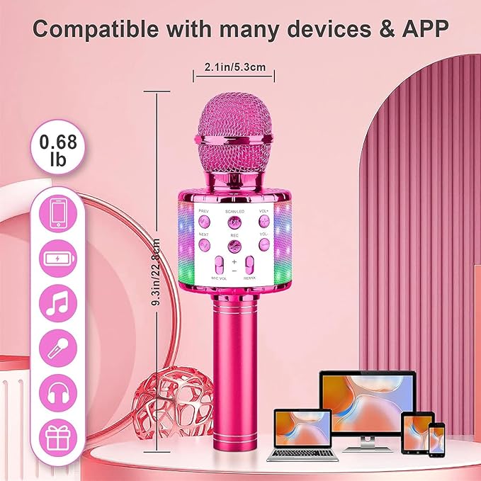 BlueFire 4 in 1 Karaoke Wireless Microphone with LED Lights, Portable Microphone for Kids, Great Gifts Toys for Kids, Girls, Boys and Adults (Purple)