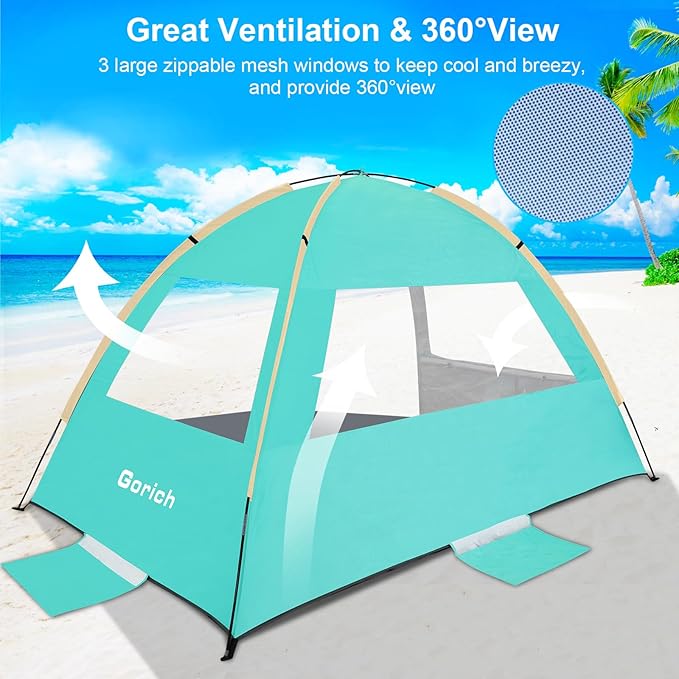 Gorich Beach Tent Sun Shelter for 3/4-5/6-7/8-10 Person with UPF 50＋ UV Protection, Lightweight & Easy Setup Beach Shade Canopy, Portable Beach Shade Tent Beach Cabana