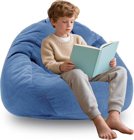 Memory Foam Bean Bag Chairs for Teens or Kids with Filling Bean Bag Sofa with Handle Super Soft Washable Corduroy Fabric Lazy Sofa 3 Foot Blue