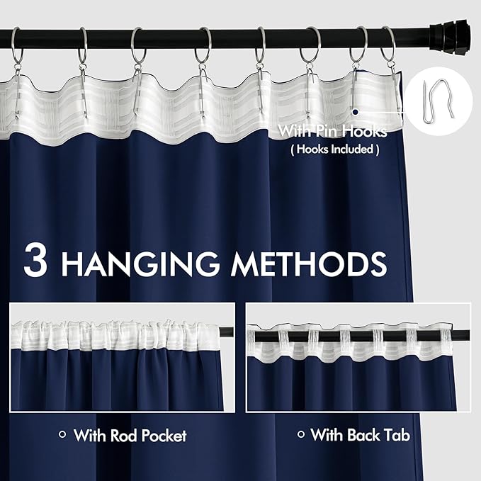 MIULEE Navy Blue Back Tab Blackout Curtains 63 Inch Length 2 Panels Set for Living Room Bedroom Privacy, Rod Pocket/Pinch Pleat Thermal Insulated Room Darkening Pleated Light Blocking Drapes