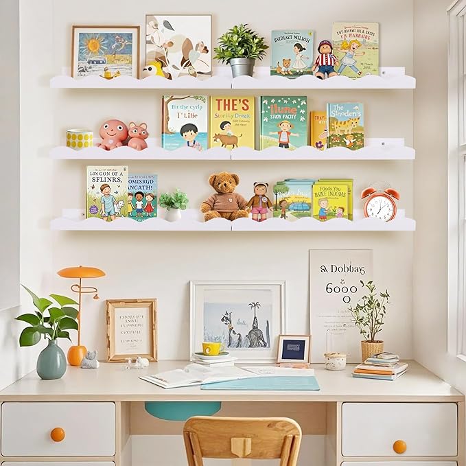 Nursery Book Shelves, 4 Pack White Floating Shelves for Wall, Wood Scalloped Shelves for Storage Books, Wall Book Shelf for Kids Rooms, Bedroom, Toddler Room, Baby Room, Nursery Decor