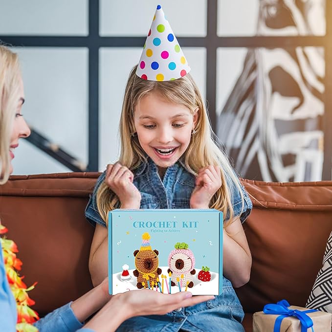 Crochet Kit for Beginners-2PCS Animals Brown and Beige Capybara Crochet Kit with Step-by-Step Video Tutorials, Stuffed Animal Knitting Kit for Adult Kids, Capybara Party Crocheting Kit for Birthday