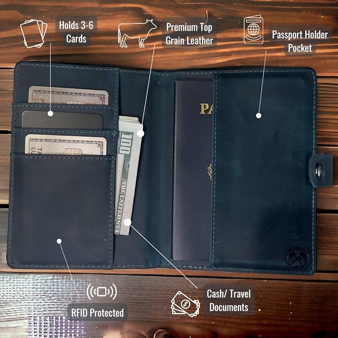 Genuine Leather AirTag and Moto Tag Passport Holder and Wallet for Men and Women RFID Blocking for Secure Traveling and Documentation Organizer (Blue)