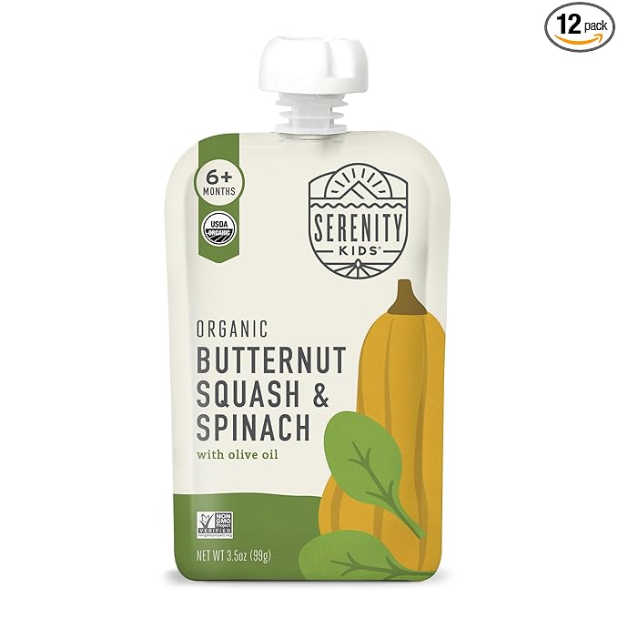 Serenity Kids 6+ Months Veggie Puree Baby Food Pouches - Butternut Squash & Spinach - USDA Organic No Added Sugar Allergen Free BPA-Free - Healthy Toddler Food - 3.5 Oz, 12 Pack
