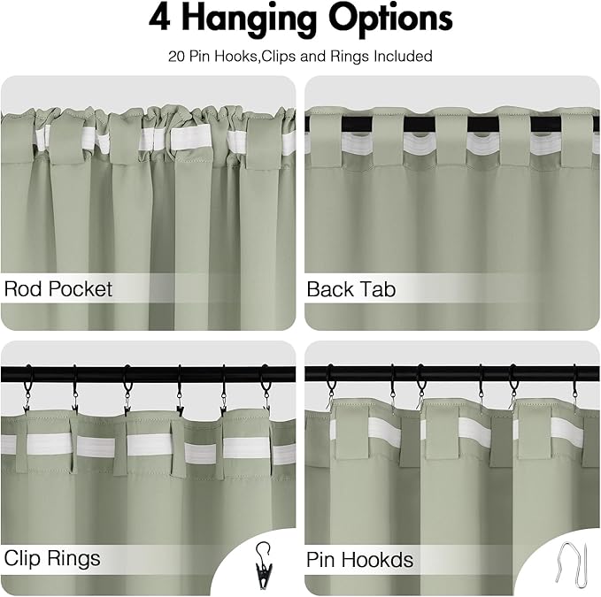 ANRODUO Back Tab Blackout Curtains for Bedroom Living Room, Rod Pocket Pinch Pleated Thermal Insulated Room Darkening Curtains 63 Inches Long 2 Panels, Sage Green, 52 x 63 Inch