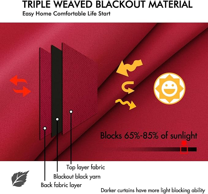 ANRODUO Back Tab Blackout Curtains for Bedroom Living Room, Rod Pocket Pinch Pleated Thermal Insulated Room Darkening Curtains 54 Inches Long 2 Panels, Red, 42 x 54 Inch