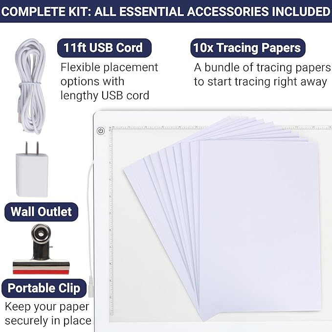 LED Tracing Light Box, 19" Ultra-Thin Light Pad with Adjustable Brightness, Includes USB Cable, Adapter, Paper, and Clip. Portable Drawing Board for Sketching, Cricut Projects, and More