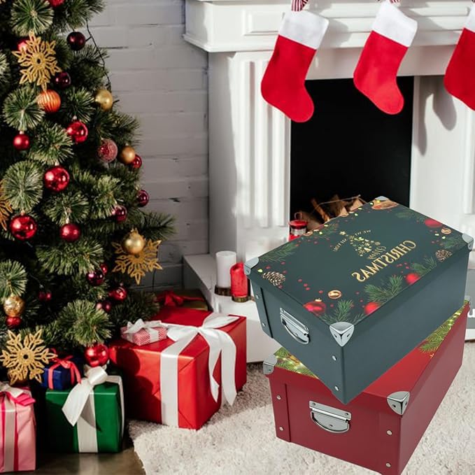 GUOZI Collapsible Storage Box, Decorative Memory Box with Lid & Metal Reinforced Corners, Cardboard File Bin with Handles, Organizer Gift Box for Keepsake Toy Photos Office Nursery Wardrobe Bookshelf