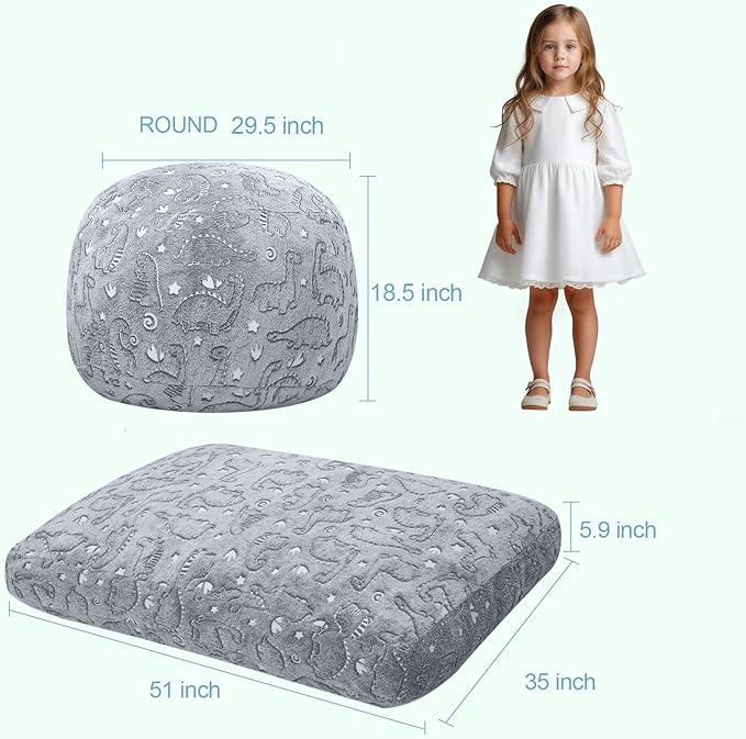 Kids Bean Bag Chair Turn into Beanbag Bed, Dinosaur Toddler Bean Chair for Girl Boy Sleeping, Lazy Children Bean Bags with Filler, Convertible Child Floor Mattress, Grey Dino