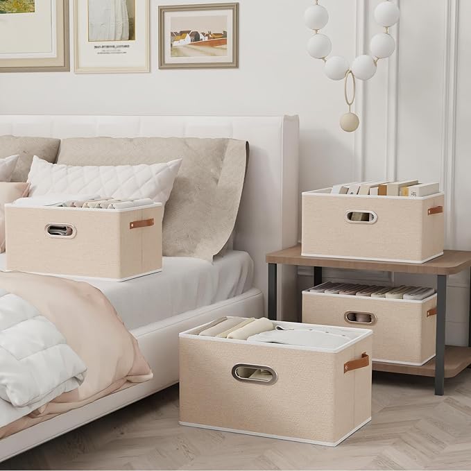 Yawinhe Fabric Storage Bins with Handles, Foldable Baskets for Shelves, Cubes with 3 Handles, Large Boxes for Clothes, Beige, 16.9''Lx11.8''Wx10.2''H, 4-Pack
