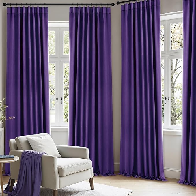 ANRODUO Back Tab Blackout Curtains for Bedroom Living Room, Rod Pocket Pinch Pleated Thermal Insulated Room Darkening Curtains 96 Inches Long 2 Panels, Purple, 42 x 96 Inch