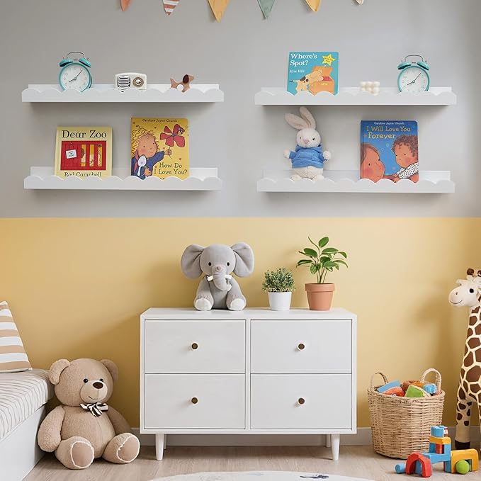 Scalloped Baby Book Shelf,Floating Shelves for Wall Set of 4 Solid Pine Wood Nursery Bookshelves with Wave Lip for Bedroom Kids, Toddler Room, Baby Room, Nursery Decor(White,60cm)