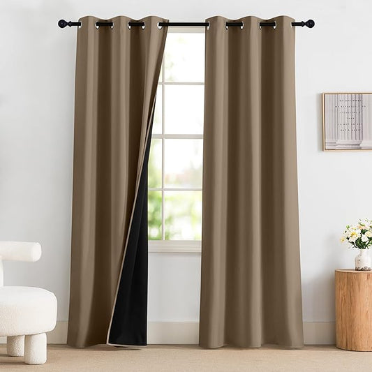 NICETOWN 100% Blackout Curtains for Bedroom 84 inch Long Thermal Insulated Blackout Curtains for Living Room, Energy Saving Grommet Drapes for Patio Door (1 Pair, Khaki, 42W x 84L)