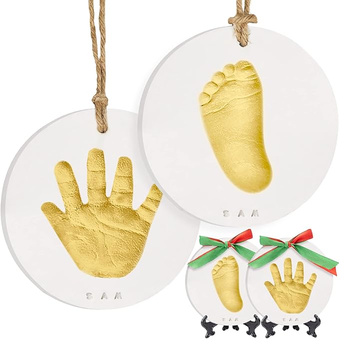 Baby Hand and Footprint Kit Girls, Boys - Personalized Baby Footprint Ornament Kit, Newborn Keepsake Gifts for New Mom, Easy to Use Handprint Makers, Cute Shower Gifts (Gold Paint, Cherish)