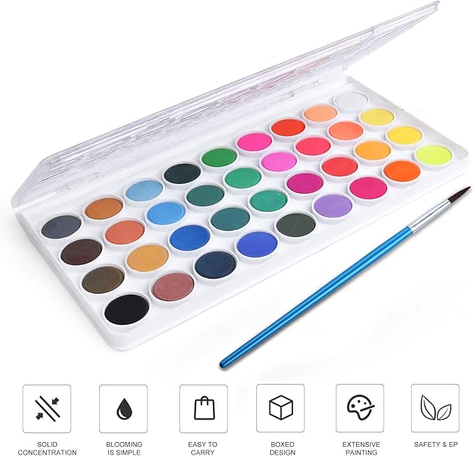 AROIC Watercolor Paint Set, 36-Color Watercolor Paint with 10 Brushes, Non-Toxic Washable Watercolors for Kids & Adults, Art Supplies for Painting, Drawing, DIY Crafts, School, Classroom, Artist Use