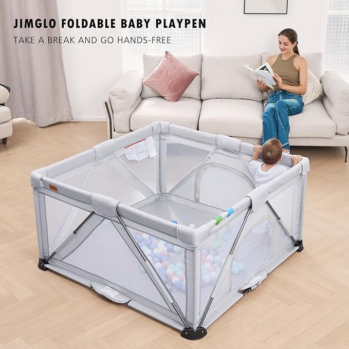Baby Playpen Foldable, Playard for Babies and Toddlers, Portable Playpen Activity Center with 50 Balls+2 Handles for Travel, Indoor & Outdoor Play Pen with Mesh 50''x50''