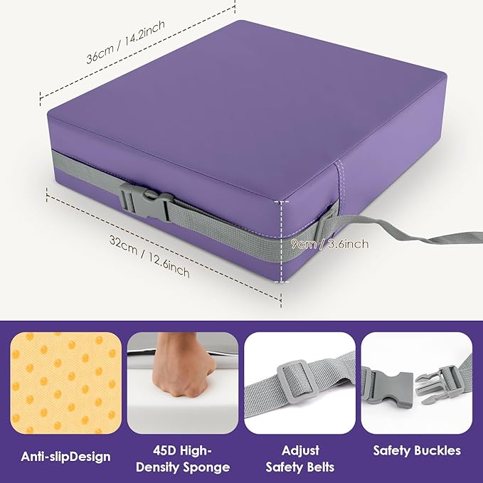 Booster Seat for Kitchen Chair with Comfy Backrest and Adjustable Safety Buckles,Non-Slip Kid Toddler Booster Seat for Dining Table,Portable PU Travel Baby Booster Increasing Cushion Chair