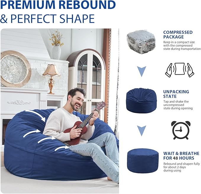 5FT Bean Bag Chair, Large Bean Bag Chairs with Memory Foam Filled, Fluffy Beanbag Sofa with Dutch Velvet Cover, Round BeanBag Chairs for Living Room, Playroom - Blue