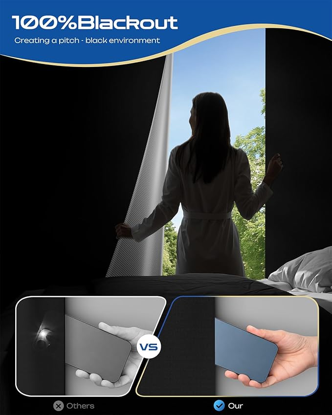 24" W x 60" L 100% Portable Blackout Curtains, Total Darkness No-Drill Black Out Window Cover,Temporary Blackout Shades with Hook & Loop Tape, for Bedroom, Nursery, Dorm, Travel (Black)