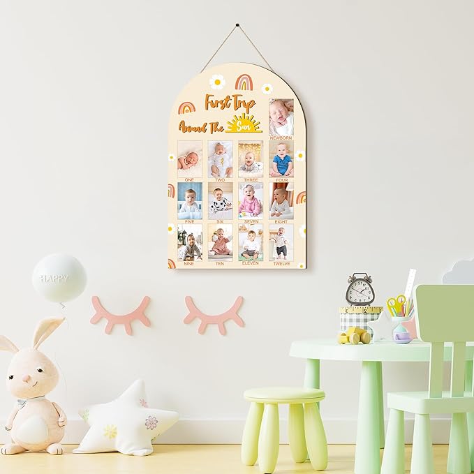 R HORSE My First Year Photo Frame Board, 3D Boho Sun Rainbow Display Wood Board, Baby’s 1st Year Picture Frame, 12 Months Milestone One Year Old Birthday Decoration, Baby Keepsake Gift for Boy Girl
